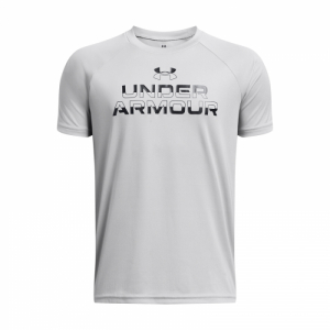 Chlapčenské tréningové tričko s krátkym rukávom - UNDER ARMOUR-UA Tech Split Wordmark SS-GRY Šedá 149/160